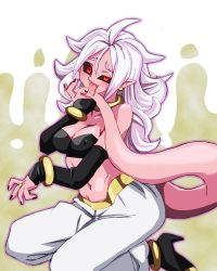 Rule 34 | 1girl, android 21, black sclera, breasts, cleavage, colored sclera, colored skin, commentary request, covered erect nipples, detached sleeves, dragon ball, dragon ball fighterz, earrings, graphite (medium), jewelry, long hair, looking at viewer, majin android 21, millipen (medium), nail polish, navel, onnaski, pink skin, pointy ears, red eyes, solo, tail, traditional media