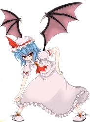 Rule 34 | 1girl, bat wings, blue hair, brooch, dress, female focus, full body, hat, jewelry, korican, red eyes, remilia scarlet, ribbon, short hair, simple background, smile, solo, touhou, white background, wings