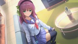 Rule 34 | 1girl, angel beats!, black thighhighs, blue skirt, bow, breasts, cactus, carpet, closed mouth, collarbone, couch, green bow, green eyes, hair bow, highres, kesoshirou, long hair, long sleeves, medium breasts, nakamura yuri, necktie, no shoes, plant, pleated skirt, purple hair, red hair, red necktie, school uniform, serafuku, sitting, skirt, smile, thighhighs, tile floor, tiles
