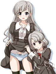 Rule 34 | 2girls, assisted exposure, black dress, black legwear, black ribbon, blush, bow, bow panties, bowtie, braid, braided bangs, clothes lift, commentary, cowboy shot, crotch seam, dress, dress lift, earrings, grey eyes, grey hair, grey panties, hair over shoulder, hair ribbon, hisakawa hayate, hisakawa nagi, idolmaster, idolmaster cinderella girls, jewelry, juliet sleeves, kneeling, lace, lace-trimmed panties, lace trim, lielos, lifting another&#039;s clothes, long hair, long sleeves, looking at viewer, multiple girls, open mouth, panties, partially unbuttoned, puffy sleeves, red neckwear, ribbon, shadow, short dress, siblings, simple background, sisters, skindentation, standing, sweatdrop, thighhighs, twins, underwear, white background