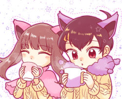 Rule 34 | ^ ^, animal ears, black hair, blush, brendan (pokemon), brown eyes, brown hair, cat ears, closed eyes, cosplay, creatures (company), cup, delcatty, delcatty (cosplay), drinking, closed eyes, game freak, gen 3 pokemon, hibikileon, holding, holding cup, long sleeves, looking at viewer, may (pokemon), mug, nintendo, pokemon, pokemon adventures, pokemon ears, scar, skitty, skitty (cosplay), star (symbol), starry background, steam, sweater, upper body, white background