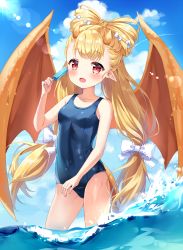 Rule 34 | 1girl, blush, breasts, character request, dragon, dragon girl, dragon horns, dragon wings, highres, horns, long hair, looking at viewer, mayo (miyusa), ocean, one-piece swimsuit, open mouth, pointy ears, red eyes, sky, small breasts, smile, solo, swimsuit, unleashed, very long hair, wings