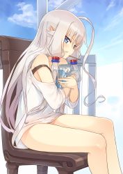 Rule 34 | 1girl, :t, absurdres, ahoge, bare legs, bare shoulders, blue eyes, blush, chair, collarbone, day, eating, food, food in mouth, from side, hair tubes, highres, long hair, looking at viewer, no pants, off-shoulder shirt, off shoulder, original, pocky, pointy ears, popsicle stick, ruma imaginary, shirt, sidelocks, silver hair, sitting, solo, strap slip, white shirt