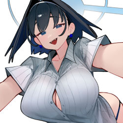 1girl :d black_hair blue_eyes bow bow_earrings breasts dismassd earrings from_below girl_on_top grey_shirt hair_intakes half-closed_eyes halo hashtag-only_commentary highres hololive hololive_english jewelry large_breasts looking_at_viewer open_mouth ouro_kronii partially_unbuttoned shirt simple_background smile solo striped_clothes striped_shirt virtual_youtuber white_background