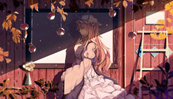 Rule 34 | 1girl, blonde hair, bottle, chinese text, commentary request, dead line, dress, from side, hat, hat ribbon, highres, indoors, ladder, layered dress, leaf, long hair, long sleeves, mob cap, profile, ribbon, shadow, solo, standing, tabard, touhou, white dress, white hat, wide sleeves, wooden wall, yakumo yukari, yellow eyes
