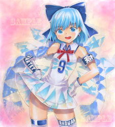 Rule 34 | &gt;:d, 1girl, :d, armband, bow, circled 9, cirno, clothes writing, crystal, earrings, gloves, hair bow, jewelry, leotard, mayo riyo, open mouth, race queen, sample watermark, short hair, smile, solo, thighhighs, touhou, v-shaped eyebrows, watermark, wings, zettai ryouiki