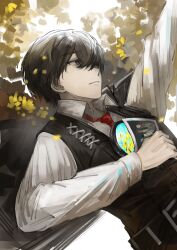 Rule 34 | 1boy, arm up, black eyes, black hair, black vest, collared shirt, flower, highres, holding, holding photo, limbus company, long sleeves, mirror, necktie, parted lips, photo (object), project moon, red necktie, s661479361148, shirt, smile, solo, vest, white shirt, yellow flower, yi sang (project moon)
