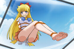 1girl aino_minako arms_behind_back ass back_bow barefoot bdsm between_legs bishoujo_senshi_sailor_moon blonde_hair blue_eyes blush bondage bound bound_arms bound_legs bound_torso bow bowtie breasts choker crotch_rope duct_tape female_focus full_body gag gagged gem grass haimei1980 hair_bow hair_ribbon headband highres improvised_gag jewelry large_breasts long_hair looking_at_viewer looking_down magical_girl miniskirt motion_lines orange_skirt outdoors panties pelvic_curtain ribbon sailor_senshi sailor_senshi_uniform sailor_venus short_sleeves skirt soles solo sweat sweatdrop tape tape_gag tiara trembling underwear upskirt very_long_hair white_panties