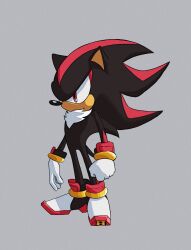 Rule 34 | 1boy, animal ears, animal nose, black fur, black hair, body fur, chimeraenvy, closed mouth, furry, furry male, gloves, highres, red eyes, red fur, red hair, shaded face, shadow the hedgehog, shoes, simple background, sonic (series), spiked hair, tail, white gloves