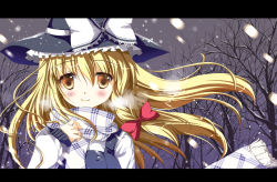 Rule 34 | 1girl, alternate costume, bad id, bad pixiv id, blonde hair, blush, bow, braid, breath, female focus, hair bow, hair ribbon, hat, hat ribbon, kirisame marisa, letterboxed, perfect cherry blossom, ribbon, scarf, side braid, sky, smile, snow, solo, sousouman, steam, touhou, tree, winter, witch, witch hat, yellow eyes