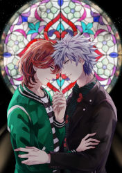 Rule 34 | 2boys, absurdres, black jacket, black shirt, blurry, blurry background, brown hair, collared shirt, floral print, from side, green jacket, grey eyes, grey hair, hair between eyes, hand on another&#039;s arm, highres, holding hands, interlocked fingers, jacket, jewelry, kotobuki reiji, kurosaki ranmaru, leaf print, light smile, looking at another, looking down, male focus, multiple boys, necklace, open clothes, open jacket, parted lips, profile, shirt, short hair, smile, spiked hair, stained glass, striped clothes, striped shirt, track jacket, upper body, uta no prince-sama, uta no prince-sama: shining live, white shirt, xue ezi, yaoi