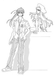 Rule 34 | 00s, 1boy, 1girl, beret, blunt bangs, floating hair, full body, greyscale, hand on own hip, hat, long hair, looking at viewer, macross, macross frontier, monochrome, necktie, pants, ponytail, saotome alto, school uniform, sheryl nome, shoes, sidelocks, sitting, sneakers, standing, very long hair, wall, wind