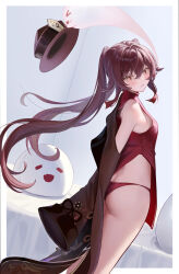 Rule 34 | 1girl, absurdres, ass, blush, boo tao (genshin impact), border, breasts, brown hair, brown headwear, flower-shaped pupils, genshin impact, hair between eyes, highres, hu tao (genshin impact), long hair, long sleeves, open clothes, panties, red eyes, red panties, red shirt, shirt, sidelocks, sleeveless, sleeveless shirt, small breasts, symbol-shaped pupils, thighs, ttkaki, twintails, underwear, very long hair, white border