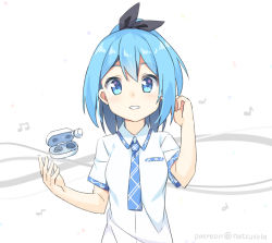 Rule 34 | 1girl, beamed eighth notes, black ribbon, blue eyes, blue hair, blue necktie, blush, collared shirt, commentary request, eighth note, hair between eyes, hair ribbon, hands up, hatsunatsu, high ponytail, looking at viewer, musical note, necktie, original, parted lips, ponytail, quarter note, ribbon, shirt, short sleeves, solo, sparkle, white background, white shirt