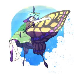 Rule 34 | 1girl, antennae, aqua hair, arms up, barefoot, butterfly wings, dress, eternity larva, fairy, full body, green dress, highres, insect wings, leaf, leaf on head, multicolored clothes, multicolored dress, nama udon, parted lips, short hair, short sleeves, solo, touhou, wings, yellow eyes