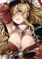 Rule 34 | 10s, 1girl, absurdres, areola slip, arm up, armpits, black bow, blonde hair, bow, breasts, cleavage, detached collar, detached sleeves, dress, gauntlets, granblue fantasy, hair bow, hair in own mouth, highres, large breasts, long hair, long sleeves, looking at viewer, lying, medium breasts, on back, open mouth, parted lips, red eyes, solo, torimahera, twitter username, untied, vira (granblue fantasy)