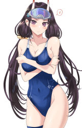 Rule 34 | 1girl, azur lane, bare shoulders, black hair, blue one-piece swimsuit, breasts, cleavage, competition school swimsuit, covered navel, covering privates, covering breasts, floral print, goggles, goggles on head, hair ornament, hair scrunchie, highleg, highleg swimsuit, horns, ishizu kayu, large breasts, long hair, noshiro (azur lane), noshiro (unwinding in the sunshine) (azur lane), one-piece swimsuit, oni horns, purple eyes, red horns, school swimsuit, scrunchie, swimsuit, thigh strap, twintails, white background, yellow scrunchie