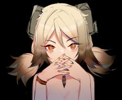 Rule 34 | 1girl, arknights, bad id, bad pixiv id, black background, blonde hair, flat chest, hair between eyes, hands up, horns, ifrit (arknights), long hair, looking at viewer, low twintails, lyk wuyan, nail polish, nude, open mouth, orange eyes, orange nails, simple background, solo, twintails, upper body