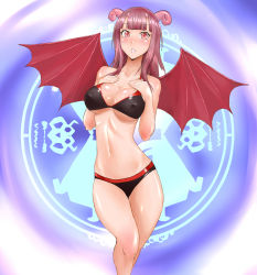 Rule 34 | 1girl, :o, ashemu, bad id, bad pixiv id, bare legs, bare shoulders, bat wings, beatmania, beatmania iidx, bikini, blush, breasts, cleavage, collarbone, covered erect nipples, delta5546, demon girl, hands on own chest, highres, horns, knees, large breasts, legs, long hair, magic circle, navel, open mouth, pink hair, red eyes, shiny skin, solo, standing, swimsuit, underboob, wings