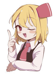 1girl ;d black_vest blonde_hair blush collared_shirt commentary cropped_torso fang hair_ribbon hand_up highres long_sleeves looking_at_viewer necktie one_eye_closed open_mouth oyatu_potage red_eyes red_necktie red_ribbon ribbon rumia shirt short_hair simple_background skin_fang smile solo touhou vest white_background white_shirt