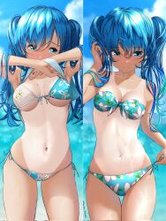 Rule 34 | 2girls, aigami kaon, aigami shion, aqua bikini, arms up, averting eyes, bikini, blue eyes, blue hair, blue sky, blurry, blurry background, board eraser, breasts, cleavage, closed mouth, clothes lift, cloud, commentary request, contrapposto, cowboy shot, day, earrings, floral print, front-tie bikini top, front-tie top, garter-velvet, halterneck, highres, jewelry, lens flare, lifting own clothes, long hair, medium breasts, mole, mole on breast, multiple girls, navel, ocean, original, outdoors, print bikini, shirt lift, siblings, side-tie bikini bottom, sisters, sky, split theme, straight-on, string bikini, swimsuit, tan, tanline, thigh gap, twintails, twitter username
