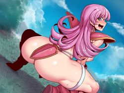 Rule 34 | 1girl, ass, backboob, blue eyes, blush, boots, breasts, cloud, day, dragon quest, dragon quest iii, embarrassed, female focus, from behind, grass, highres, huge ass, large breasts, legs, long hair, looking back, nipples, open mouth, outdoors, pink hair, shoulder pads, sky, soldier (dq3), solo, squatting, thighhighs, thighs, tukiwani, wavy hair