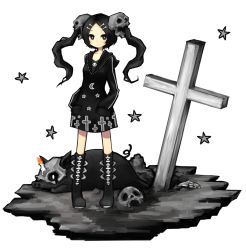 Rule 34 | + +, :&lt;, black hair, boots, brown eyes, candle, crescent, crescent moon, cross, dress, hair ornament, hairclip, hands in pockets, highres, honest (morina), knee boots, long hair, moon, morina nao, original, pig, skull, skull hair ornament, solo, star (symbol), twintails