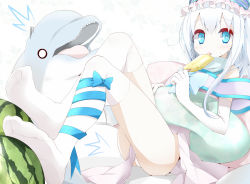 Rule 34 | 1girl, bad id, bad pixiv id, blue eyes, blush, bow, dolphin, elbow gloves, feet, floral print, food, fruit, gloves, hat, ice cream, innertube, leg ribbon, long hair, lying, no shoes, o o, oouso, original, panties, pantyshot, pillow, popsicle, ribbon, solo, surprised, sweat, swim ring, thighhighs, underwear, watermelon, white gloves, white hair, white panties, white thighhighs