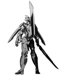 Rule 34 | absurdres, clenched hand, dann of thursday, from behind, greyscale, gunxsword, highres, holding, holding sword, holding weapon, ishiyumi, looking to the side, mecha, monochrome, robot, science fiction, solo, sword, weapon, white background