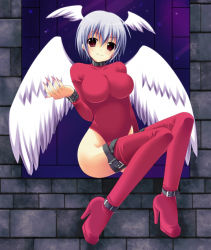 Rule 34 | 1girl, belt, bodysuit, boots, breasts, choker, female focus, final fantasy, final fantasy tactics, full body, grey hair, head wings, high heels, large breasts, red eyes, ryuta, shoes, short hair, solo, thighhighs, ultima (fft), wings, wristband