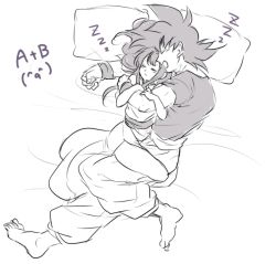 Rule 34 | 1boy, 1girl, bed, bed sheet, black hair, chi-chi (dragon ball), couple, dragon ball, closed eyes, greyscale, hetero, hug, locked arms, monochrome, open mouth, pillow, simple background, sleeping, son goku, tkgsize, white background, wristband, zzz