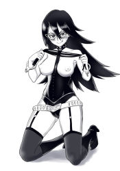 Rule 34 | 10s, 1girl, :p, armpits, bare shoulders, belt, belt buckle, blush, boku no hero academia, boots, breastless clothes, breasts, breasts apart, buckle, cameltoe, cat o&#039; nine tails, collarbone, cuffs, dominatrix, domino mask, facing viewer, female focus, garter straps, hair between eyes, handcuffs, hands up, happy, high heel boots, high heels, holding, holding whip, kneeling, large breasts, leotard, licking lips, long hair, looking at viewer, mask, midnight (boku no hero academia), mole, mole under eye, monochrome, naughty face, nipples, okiyumi kase, shadow, simple background, sitting, smile, solo, spiked hair, sweat, sweatdrop, thighhighs, tongue, tongue out, whip, white background
