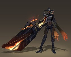 Rule 34 | 1girl, absurdres, belt, black capelet, black headwear, boots, breasts, brown background, capelet, clenched hand, crop top, dark-skinned female, dark skin, dreadlocks, fiery hair, fire, fire, full body, gauntlets, glowing, glowing eyes, gradient background, gun, high heel boots, high heels, high noon senna, highres, holding, holding gun, holding weapon, large breasts, league of legends, looking at viewer, navel, official alternate costume, orange scarf, pants, scarf, senna (league of legends), solo, standing, stomach, thigh boots, thighhighs, vincent t (oriaarts), weapon, white hair