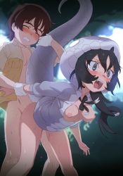Rule 34 | 1boy, 1girl, bent over, black hair, black mamba (kemono friends), blush, bottomless, breasts, breasts out, brown hair, captain (kemono friends), clenched teeth, closed eyes, commentary request, flying sweatdrops, grey eyes, grey hoodie, hair between eyes, hetero, highres, holding another&#039;s wrist, hood, hood up, hoodie, kemono friends, kemono friends 3, long hair, masuyama ryou, medium breasts, nipples, open clothes, open mouth, outdoors, saliva, sex, sex from behind, snake tail, sweat, tail, teeth