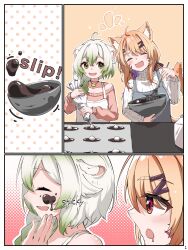 Rule 34 | 2girls, absurdres, ahoge, animal ear fluff, animal ears, apron, baking, bare shoulders, blue apron, bowl, braid, cat ears, cat girl, cat tail, chocolate, chocolate on face, commission, drooling, english text, eyes visible through hair, facial mark, ferret ears, ferret girl, food, food on face, green eyes, green hair, hair ribbon, highres, holding, holding bowl, laimu (vtuber), lime necklace, long hair, mouth drool, multicolored hair, multiple girls, orange hair, pastry bag, pink sweater, pointy nose, polka dot, polka dot background, red eyes, ribbon, second-party source, shyrei faolan, simple background, single braid, skeb commission, smile, sweater, tail, two-tone hair, u da desu, vinesauce, virtual youtuber, vyugen, whipped cream, whisk, whisker markings, white apron, white hair, white sweater, yuri