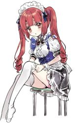Rule 34 | 1girl, alternate costume, blush, breasts, brown eyes, brown hair, chair, dress, dressing, drill hair, enmaided, frilled dress, frills, hair ribbon, hanazono yurine, hime cut, jashin-chan dropkick, long hair, looking at viewer, maid, maid headdress, official art, open mouth, putting on legwear, red eyes, red hair, ribbon, simple background, sitting, small breasts, solo, stool, thighhighs, thighs, twintails, white background, white thighhighs, yukiwo
