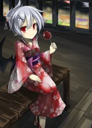 Rule 34 | 1girl, akisome hatsuka, alternate costume, alternate hairstyle, bat wings, blurry, depth of field, floral print, hair ornament, hair up, hand on own knee, japanese clothes, kimono, light purple hair, looking at viewer, obi, outdoors, pointy ears, red eyes, remilia scarlet, sandals, sash, short hair, smile, solo, touhou, wings, wooden floor, yukata