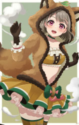 Rule 34 | 1girl, absurdres, animal ears, animal hood, artist name, artist request, bandeau, black gloves, blush, border, bow, breasts, brown gloves, brown hair, brown hoodie, brown jacket, buttons, choker, cleavage, clenched hands, collarbone, exciting animal (love live!), female focus, frill trim, frilled bandeau, frilled cuffs, frilled skirt, frilled sleeves, frills, fur-trimmed jacket, fur jacket, fur trim, gloves, green background, green bow, green choker, green ribbon, grey hair, hair ornament, heart, heart (symbol), heart print, highres, hood, hood up, hooded jacket, hoodie, jacket, leaf hair ornament, leaf print, light brown hair, long sleeves, looking at viewer, love live!, love live! nijigasaki high school idol club, love live! school idol festival, love live! school idol festival all stars, medium breasts, miniskirt, nakasu kasumi, neck ribbon, orange bandeau, orange skirt, orange thighhighs, parted lips, pink bow, pink eyes, plaid, plaid skirt, pleated, pleated skirt, puffy long sleeves, puffy sleeves, purple eyes, raccoon costume, raccoon ears, raccoon hood, raccoon tail, ribbon, ribbon trim, short hair, skirt, smile, solo, tail, thighhighs, two-tone skirt, white border, white wrist cuffs, wrist cuffs