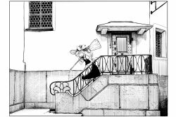 Rule 34 | 1girl, apron, black hat, black skirt, black vest, bow, braid, broom, building, city, commentary request, daitai konna kanji, door, greyscale, hat, hat bow, holding, holding broom, kirisame marisa, long hair, monochrome, outdoors, railing, shirt, short sleeves, skirt, solo, stairs, touhou, vest, waist apron, white shirt, wide shot, window, witch hat