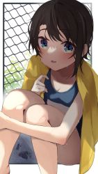 Rule 34 | 1girl, barefoot, black hair, blue eyes, blush, border, fence, hololive, hugging own legs, looking at viewer, on ground, one-piece swimsuit, oozora subaru, open mouth, out of frame, outside border, school swimsuit, short hair, sitting, solo, swept bangs, swimsuit, towel, tsushi, virtual youtuber, white border