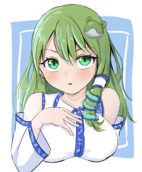 Rule 34 | 1girl, bare shoulders, blush, breasts, cropped torso, detached sleeves, frog hair ornament, from above, green eyes, green hair, hair ornament, hair tubes, hand up, highres, houri sh, kochiya sanae, long hair, medium breasts, simple background, snake hair ornament, solo, touhou, upper body, upturned eyes