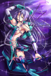 Rule 34 | 10s, 1girl, armpits, bare shoulders, between breasts, between fingers, blue eyes, breasts, chain chronicle, character request, covered erect nipples, detached sleeves, hair tubes, highres, holding, large breasts, long hair, looking at viewer, naked tabard, needle, one eye closed, purple hair, sideboob, solo, sukumo (kemutai), tabard, thread, wire
