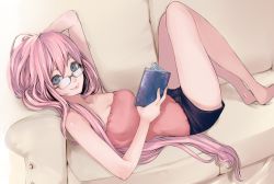 Rule 34 | 1girl, alternate costume, arm behind head, arm up, bad id, bad pixiv id, bare arms, bare legs, bare shoulders, barefoot, bespectacled, black shorts, blue eyes, book, breasts, couch, derivative work, female focus, glasses, highres, holding, holding book, knees up, legs, lips, long hair, looking at viewer, lying, megurine luka, on back, open book, pink hair, roku (hikokeng), settyaro, short shorts, shorts, smile, solo, strapless, very long hair, vocaloid