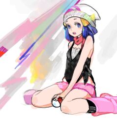 Rule 34 | 1girl, bad drawr id, bad id, bare arms, bare legs, beanie, black camisole, black socks, blue eyes, blue hair, boots, camisole, creatures (company), dawn (pokemon), game freak, hat, holding, holding poke ball, kaworu, looking at viewer, multicolored background, nintendo, oekaki, open mouth, pink footwear, pink shirt, poke ball, pokemon, pokemon dppt, shirt, sitting, socks, solo, teeth, upper teeth only, wariza, white hat