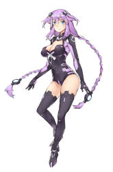 Rule 34 | 10s, 1girl, arms at sides, black footwear, blue eyes, boots, braid, breasts, cleavage, cleavage cutout, closed mouth, clothing cutout, covered navel, full body, ge-b, hair ornament, leotard, long hair, looking at viewer, medium breasts, neptune (neptunia), neptune (series), power symbol, power symbol-shaped pupils, purple hair, purple heart (neptunia), smile, solo, symbol-shaped pupils, thigh boots, thighhighs, twin braids, very long hair, white background
