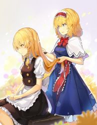 Rule 34 | 2girls, alice margatroid, apron, black skirt, black vest, blonde hair, blue dress, blue eyes, bow, bowtie, braid, breasts, brushing another&#039;s hair, brushing hair, capelet, commentary, dress, falken (yutozin), feet out of frame, frilled apron, frilled hairband, frills, from side, hair between eyes, hair bow, hairband, highres, holding, holding another&#039;s hair, kirisame marisa, lolita hairband, long hair, maid apron, medium breasts, miniskirt, multiple girls, no headwear, parted lips, petticoat, puffy short sleeves, puffy sleeves, red bow, red hairband, red neckwear, red sash, sash, shirt, short hair, short sleeves, single braid, sitting, skirt, skirt set, small breasts, smile, touhou, vest, waist apron, white apron, white bow, white capelet, white shirt, yellow eyes