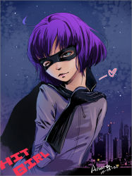 Rule 34 | 1girl, ahoge, anura, blowing kiss, bob cut, cape, city, cityscape, domino mask, gloves, head tilt, heart, hit-girl, kick-ass, looking at viewer, mask, night, one eye closed, outdoors, purple hair, short hair, solo, star (symbol), wig, wink