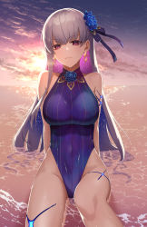 Rule 34 | 1girl, absurdres, bare shoulders, blue hair, blue one-piece swimsuit, blush, body markings, bracelet, breasts, covered navel, earrings, fate/grand order, fate (series), flower, hair flower, hair ornament, hair ribbon, highleg, highleg swimsuit, highres, ironatsuki, jewelry, kama (fate), kama (swimsuit avenger) (fate), kama (swimsuit avenger) (third ascension) (fate), large breasts, long hair, looking at viewer, lotus, multicolored hair, one-piece swimsuit, red eyes, ribbon, silver hair, solo, star (symbol), star earrings, swimsuit, thighs, two-tone hair