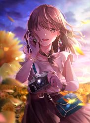 Rule 34 | 1girl, :d, bag, belt, blush, brown eyes, brown hair, brown skirt, camera, cloud, flower, hand on own face, hand up, handbag, highres, holding, holding camera, long hair, looking at viewer, one eye closed, open mouth, original, outdoors, shirt, short sleeves, skirt, sky, smile, solo, standing, sunflower, tsujin bohboh, watch, white shirt, yellow flower