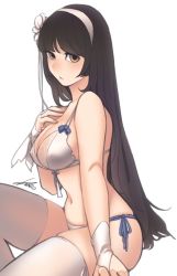 Rule 34 | 1girl, bikini, black hair, breasts, bridal gauntlets, brown eyes, cleavage, empty eyes, expressionless, fingerless gloves, flower, from side, front-tie bikini top, front-tie top, girls&#039; frontline, gloves, hair flower, hair ornament, hairband, hand on own chest, large breasts, leg up, long hair, looking at viewer, navel, official alternate costume, side-tie bikini bottom, simple background, sitting, skindentation, solo, sungwon, swimsuit, thighhighs, type 95 (girls&#039; frontline), type 95 (summer cicada) (girls&#039; frontline), very long hair, white background, white bikini, white gloves, white thighhighs